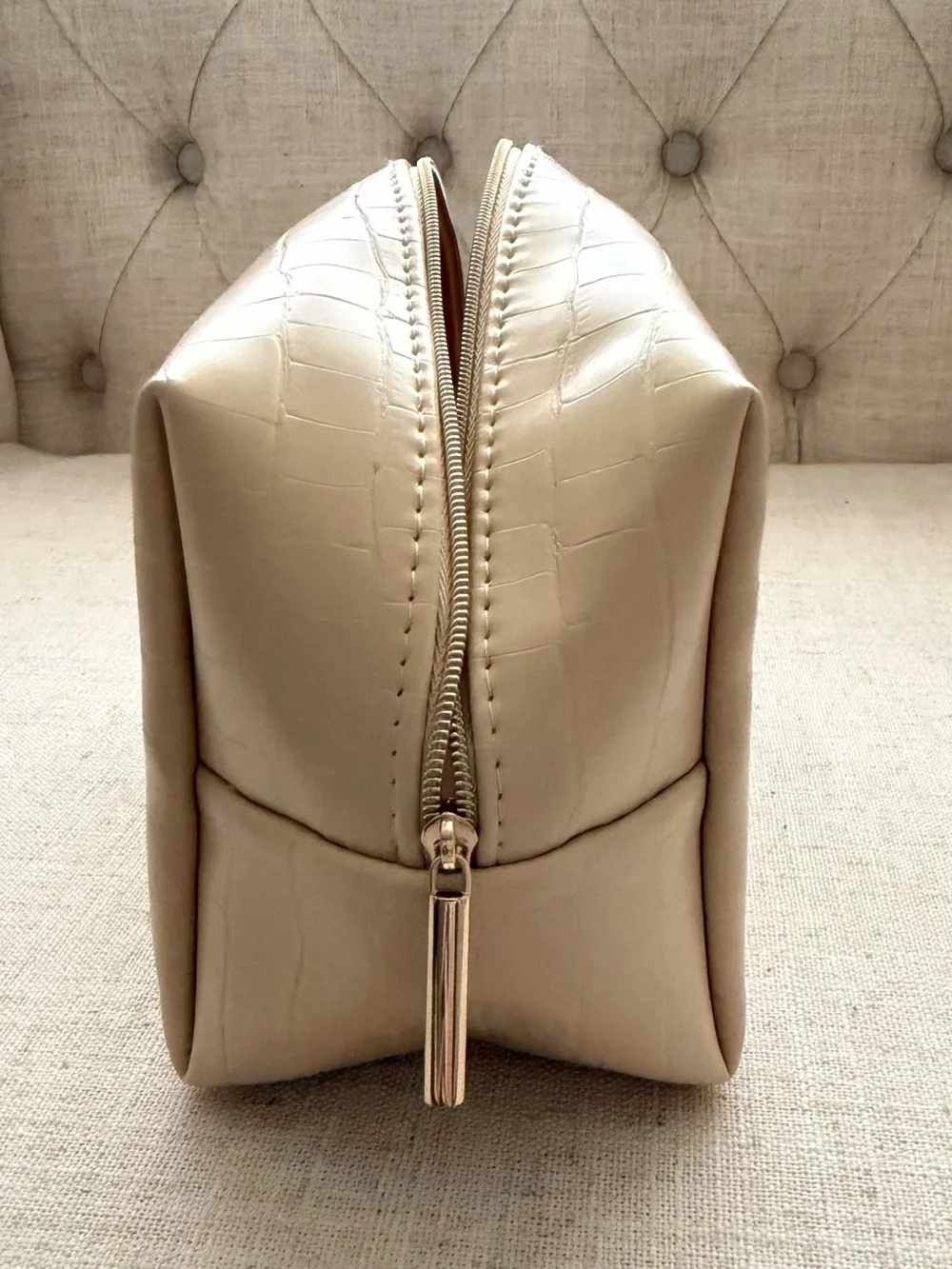 Croc-Embossed Beige Cosmetic Pouch